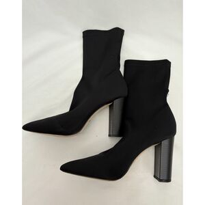 Bigtree Black Sock Fit Boots Block High Heel Stretchy Lycra Size 9 Sexy Classic